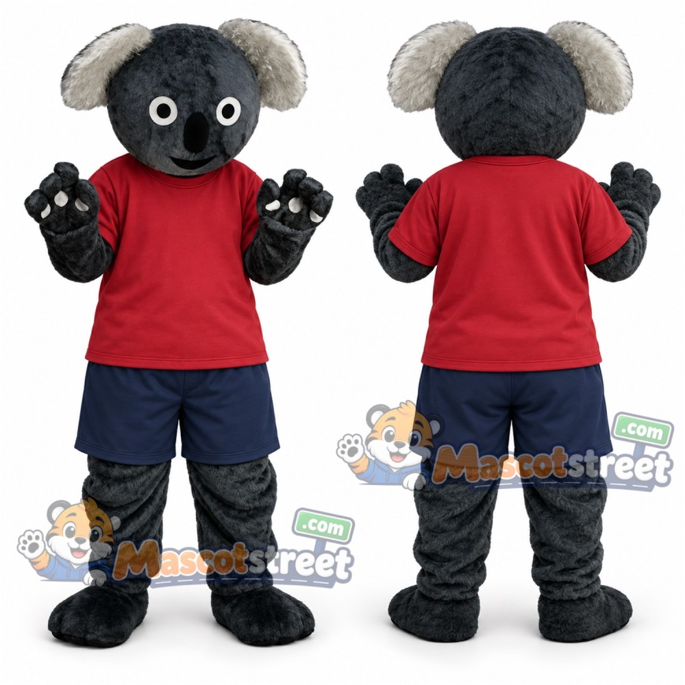 Gray Koala Mascot Costume with Red Shirt and Navy Shorts Gray Koala Mascot Costume with Red Shirt and Navy Shorts