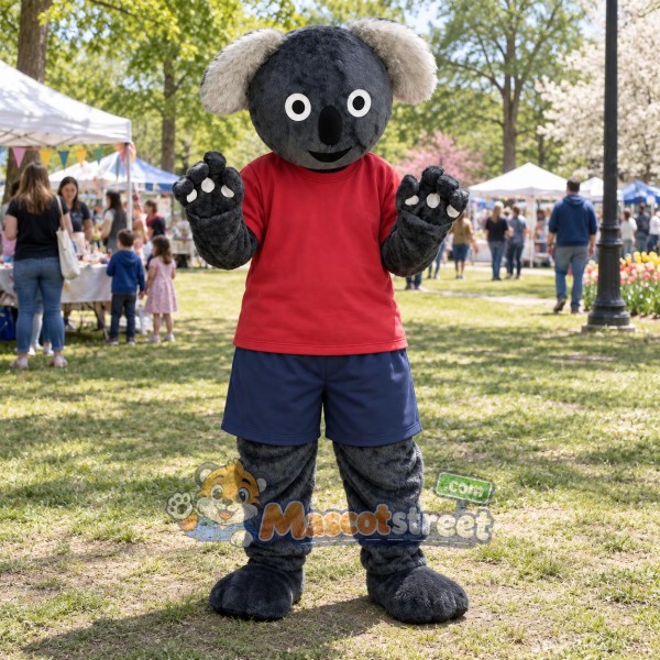 Gray Koala Mascot Costume with Red Shirt and Navy Shorts