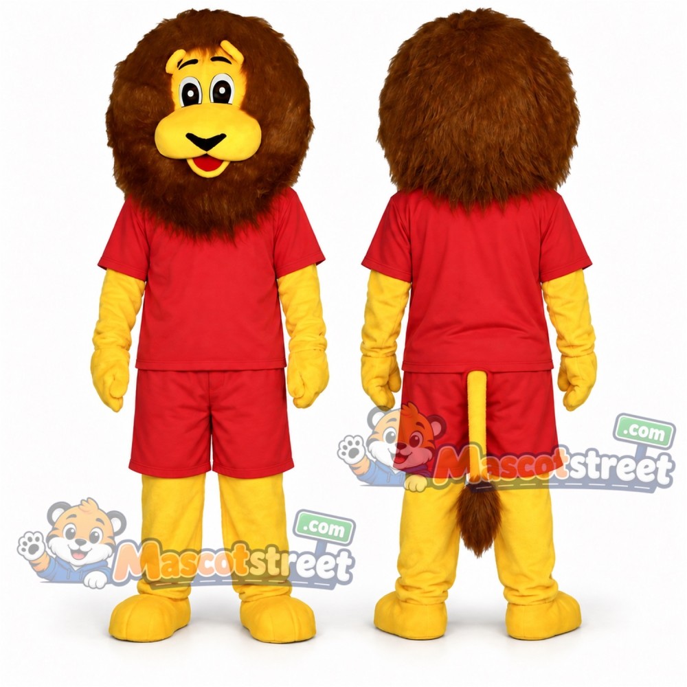 Yellow Lion Mascot Costume with Red Shirt and Shorts Yellow Lion Mascot Costume with Red Shirt and Shorts