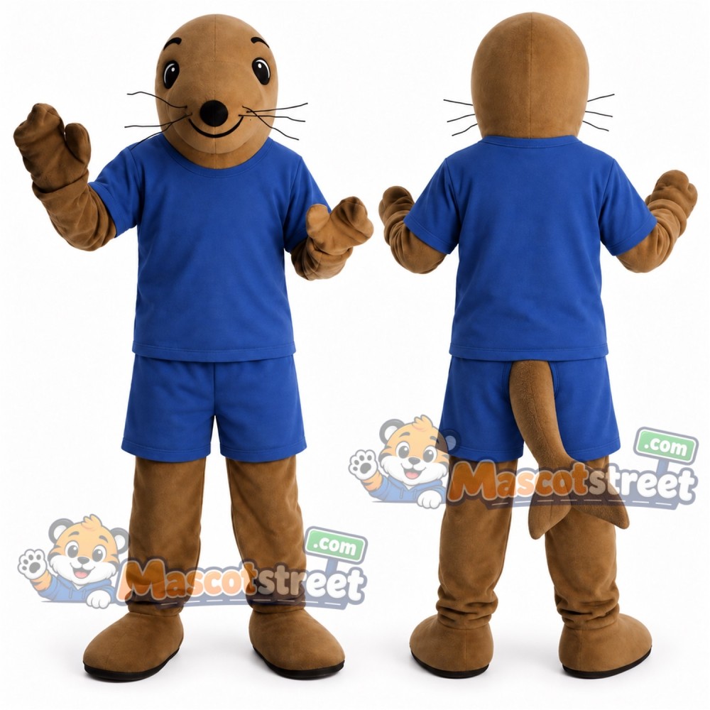Brown Sea Lion Mascot Costume with Blue Shirt and Shorts Brown Sea Lion Mascot Costume with Blue Shirt and Shorts