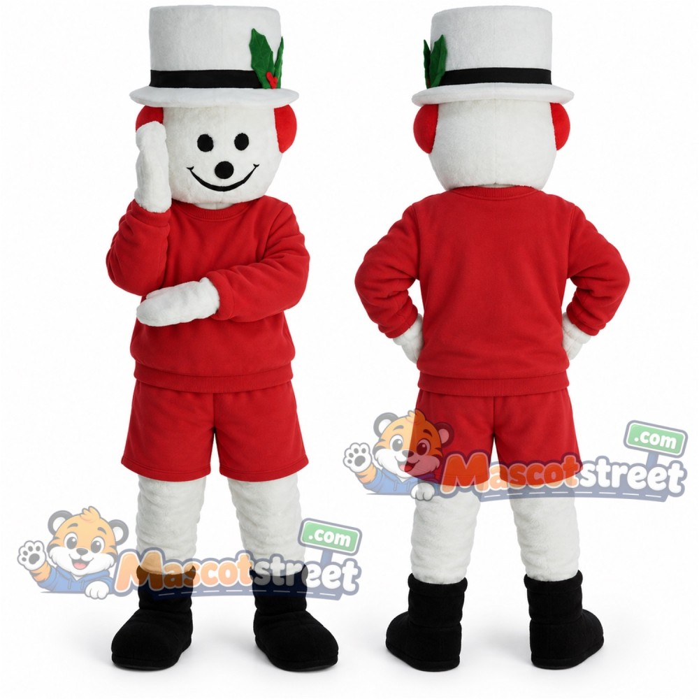 Snowman Mascot Costume with Red Shirt, Red Shorts and White Top Hat