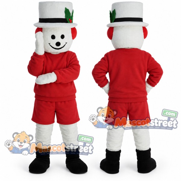 Snowman Mascot Costume with Red Shirt, Red Shorts and White Top Hat