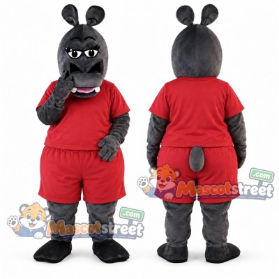 Gray Hippopotamus Mascot Costume with Red Shirt and Shorts