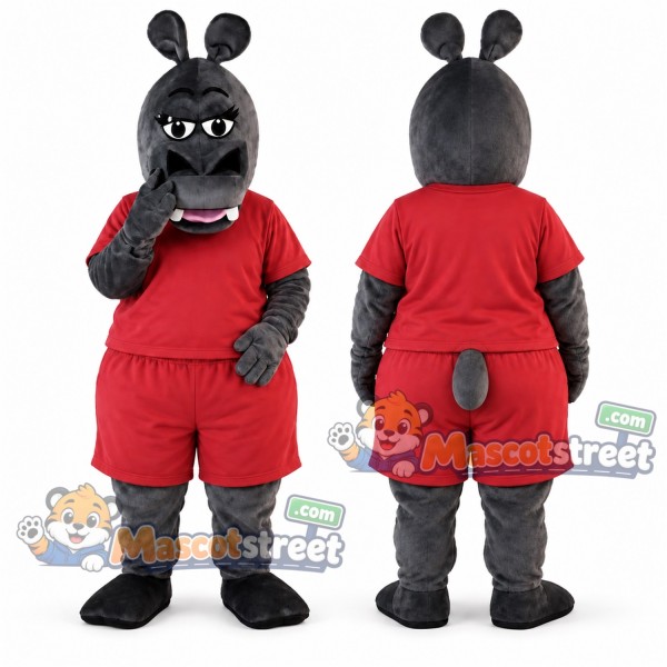 Gray Hippopotamus Mascot Costume with Red Shirt and Shorts