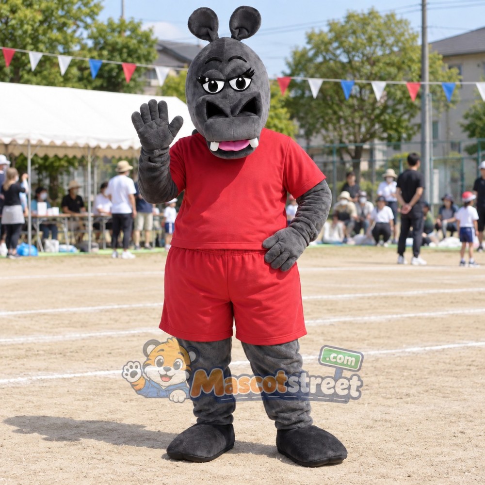 Gray Hippopotamus Mascot Costume with Red Shirt and Shorts