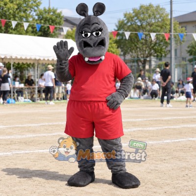Gray Hippopotamus Mascot Costume with Red Shirt and Shorts