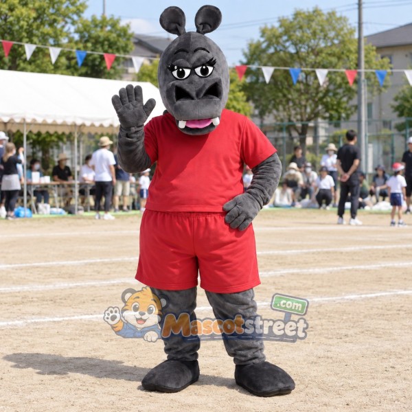 Gray Hippopotamus Mascot Costume with Red Shirt and Shorts