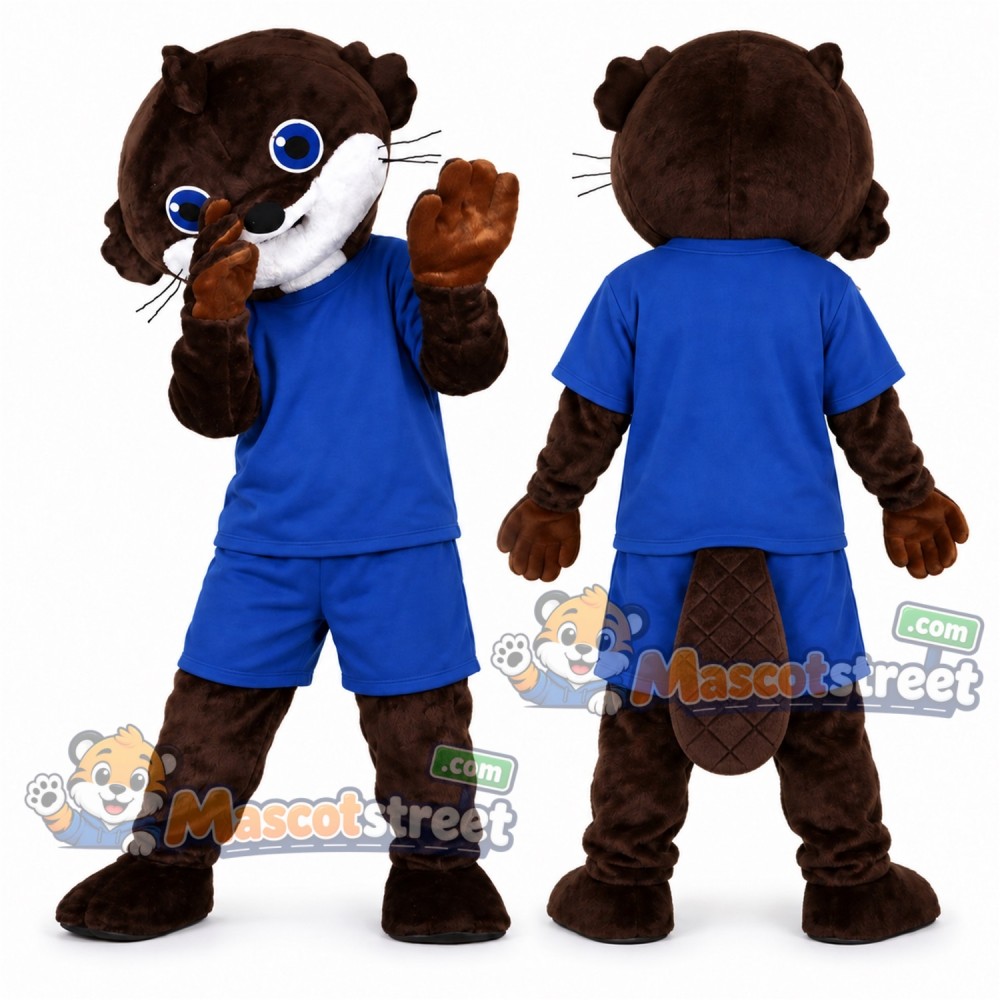 Brown Beaver Mascot Costume with Blue Shirt and Shorts Brown Beaver Mascot Costume with Blue Shirt and Shorts