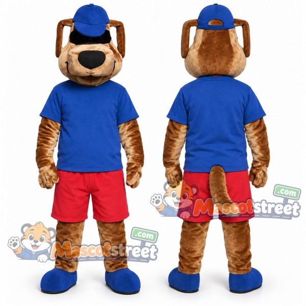 Brown Dog Mascot Costume with Blue Shirt, Red Shorts and Blue Cap