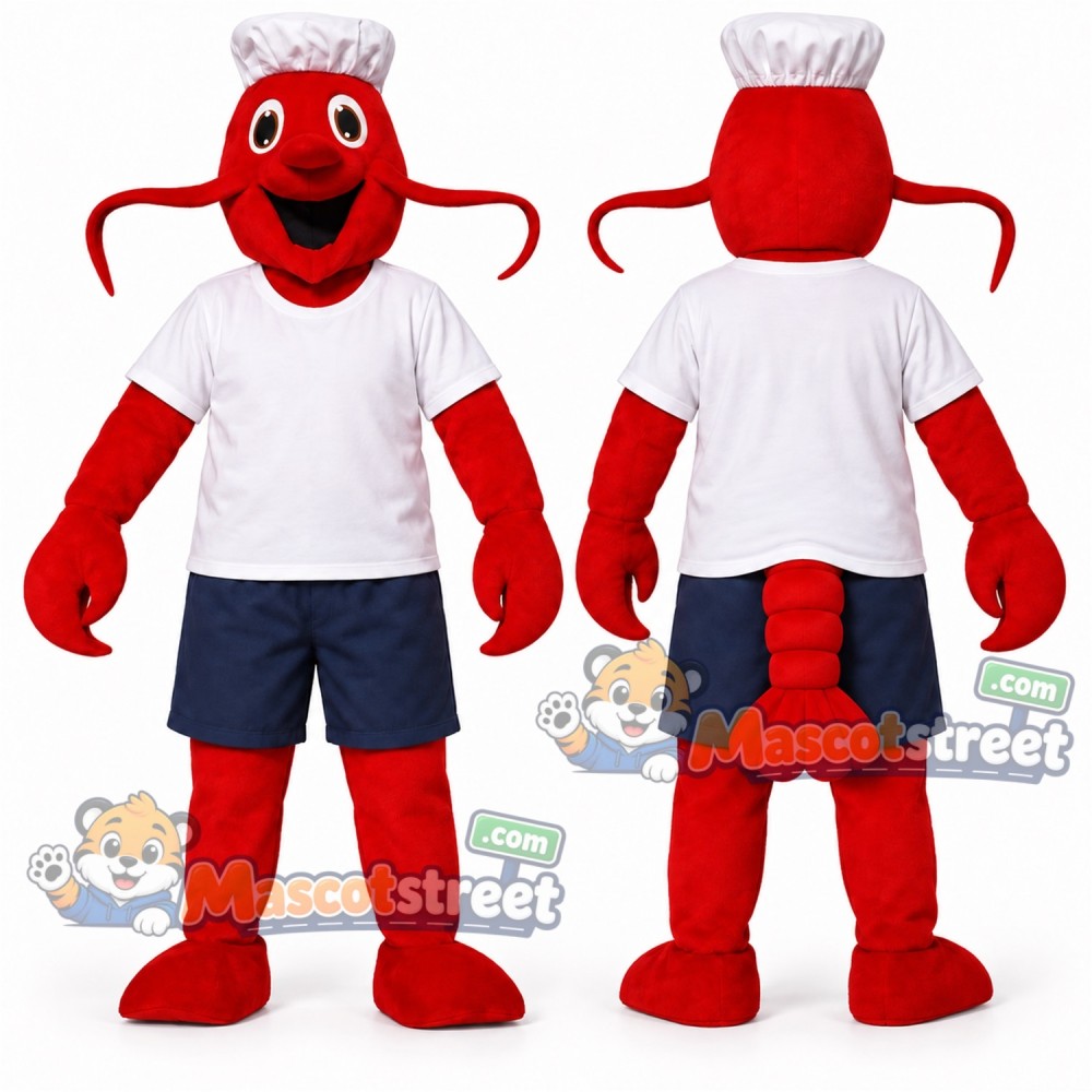 Red Lobster Chef Mascot Costume with White Shirt, Blue Shorts and Chef Hat Red Lobster Chef Mascot Costume with White Shirt, Blue Shorts and Chef Hat