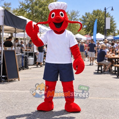 Red Lobster Chef Mascot Costume with White Shirt, Blue Shorts and Chef Hat Red Lobster Chef Mascot Costume with White Shirt, Blue Shorts and Chef Hat