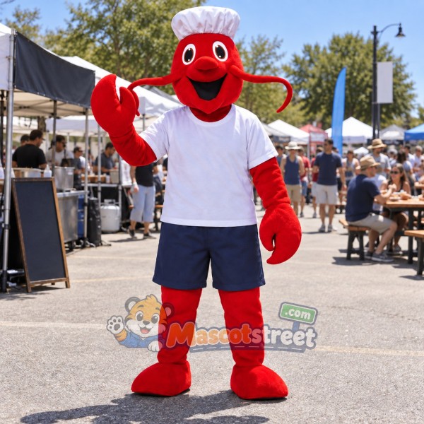 Red Lobster Chef Mascot Costume with White Shirt, Blue Shorts and Chef Hat