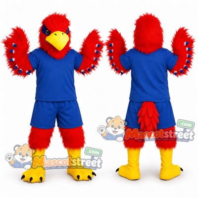 Red Eagle Mascot Costume with Blue Shirt and Shorts