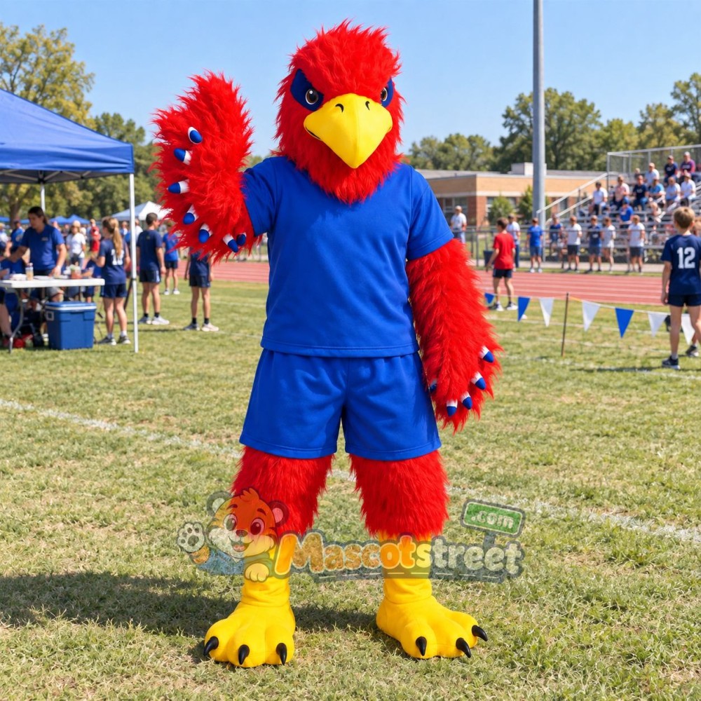 Red Eagle Mascot Costume with Blue Shirt and Shorts