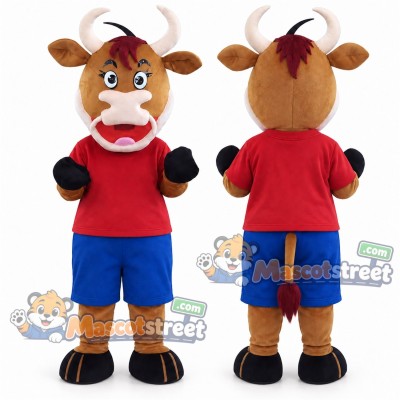 Brown Cow Mascot Costume with Red Shirt and Blue Shorts