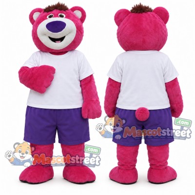 Pink Bear Mascot Costume with White Shirt and Purple Shorts Pink Bear Mascot Costume with White Shirt and Purple Shorts