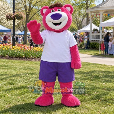 Pink Bear Mascot Costume with White Shirt and Purple Shorts