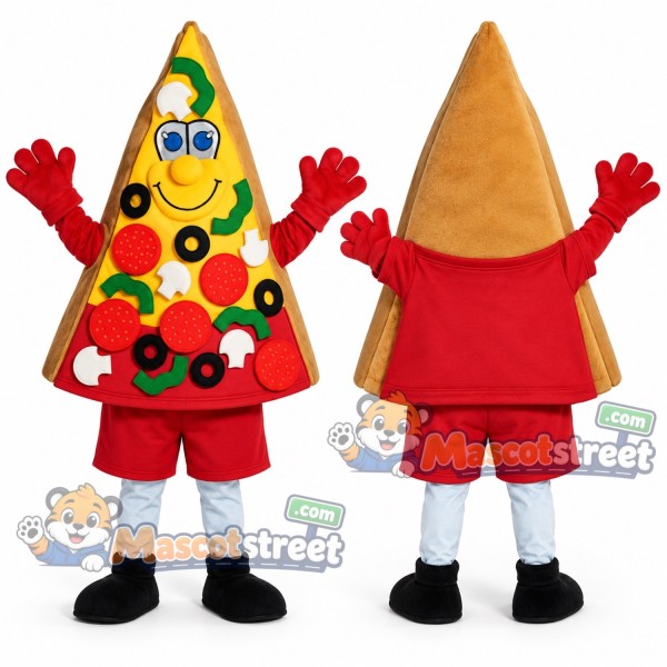 Pizza Slice Mascot Costume with Red Shirt and Shorts