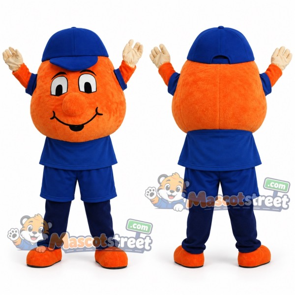 Orange Fruit Mascot Costume with Blue Shirt, Blue Shorts and Blue Cap