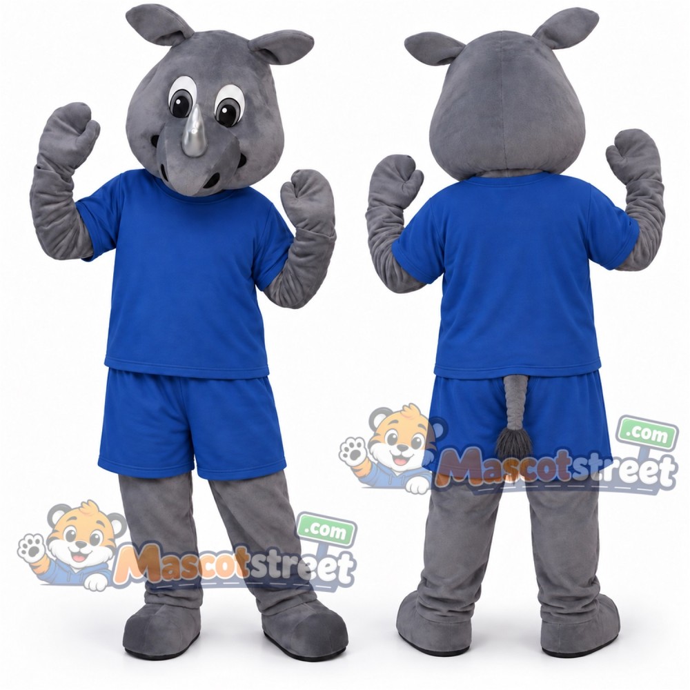 Gray Rhinoceros Mascot Costume with Blue Shirt and Shorts