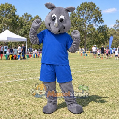 Gray Rhinoceros Mascot Costume with Blue Shirt and Shorts Gray Rhinoceros Mascot Costume with Blue Shirt and Shorts