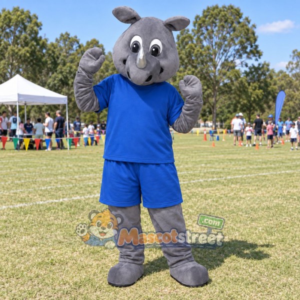 Gray Rhinoceros Mascot Costume with Blue Shirt and Shorts