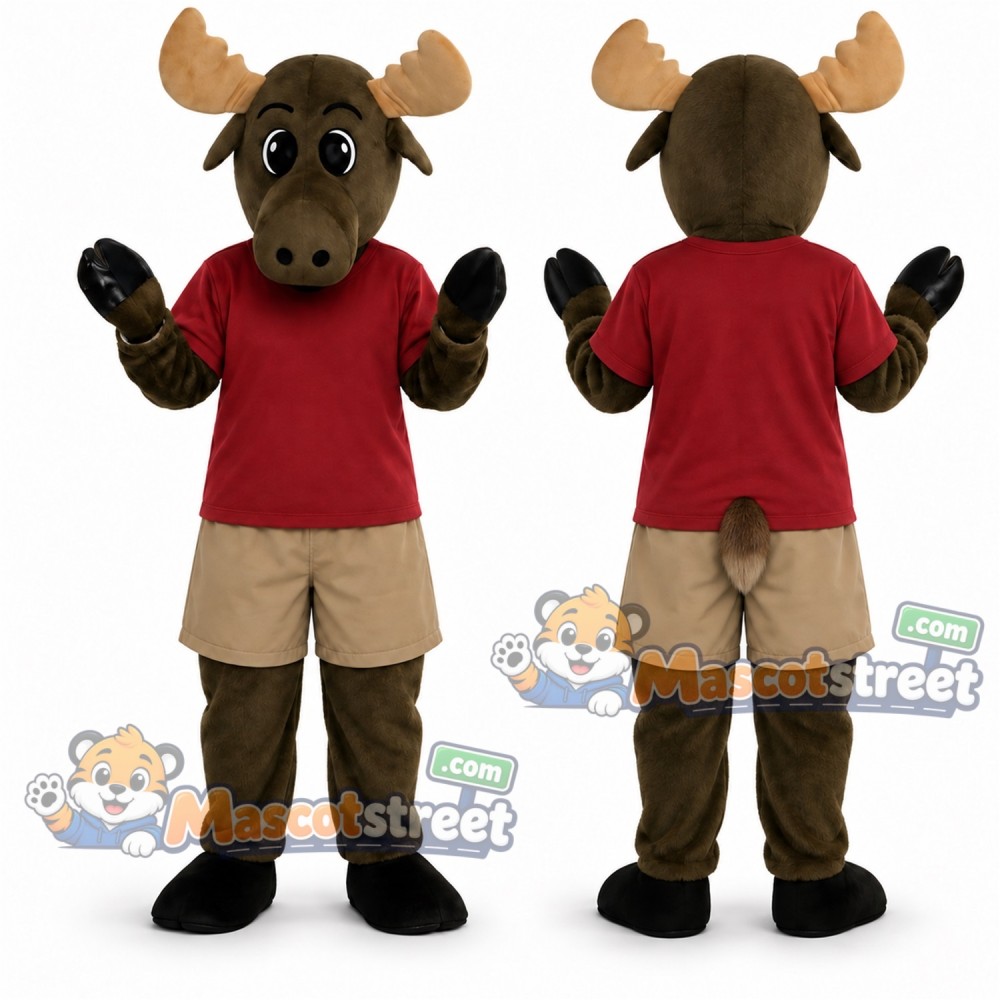 Brown Moose Mascot Costume with Burgundy Shirt and Beige Shorts