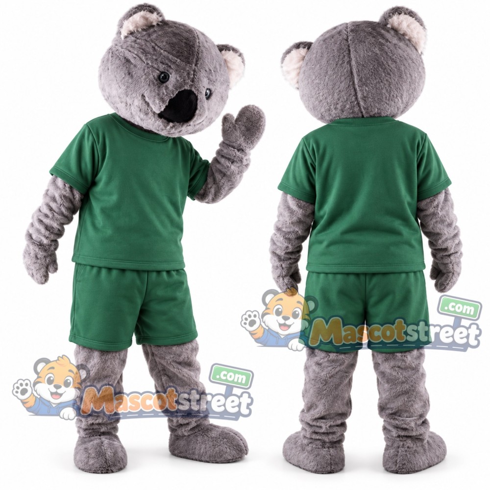 Gray Koala Mascot Costume with Green Shirt and Shorts