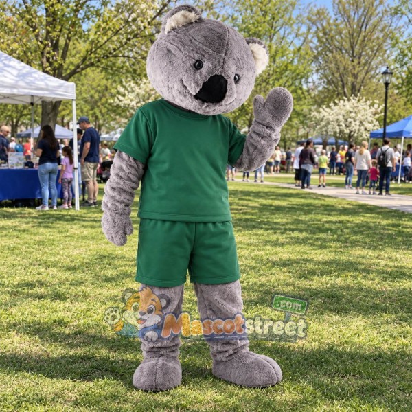 Gray Koala Mascot Costume with Green Shirt and Shorts