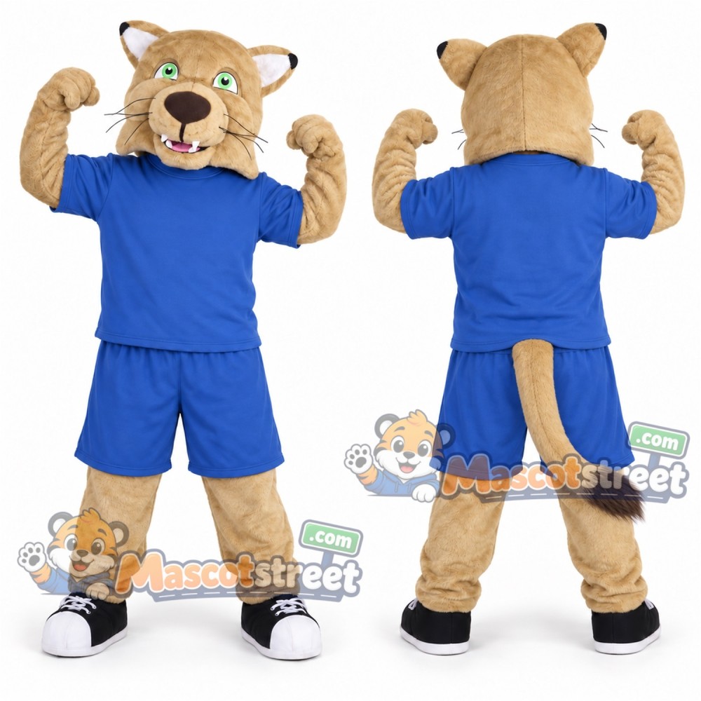 Tan Wildcat Mascot Costume with Blue Shirt and Shorts Tan Wildcat Mascot Costume with Blue Shirt and Shorts