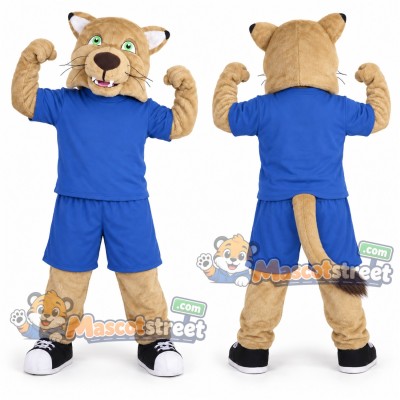 Tan Wildcat Mascot Costume with Blue Shirt and Shorts Tan Wildcat Mascot Costume with Blue Shirt and Shorts