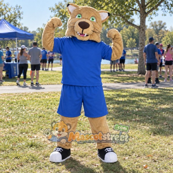 Tan Wildcat Mascot Costume with Blue Shirt and Shorts