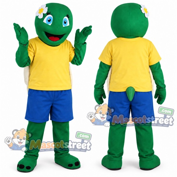Green Turtle Mascot Costume with Yellow Shirt and Blue Shorts