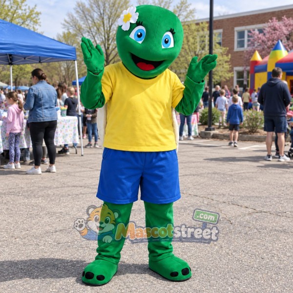 Green Turtle Mascot Costume with Yellow Shirt and Blue Shorts Green Turtle Mascot Costume with Yellow Shirt and Blue Shorts