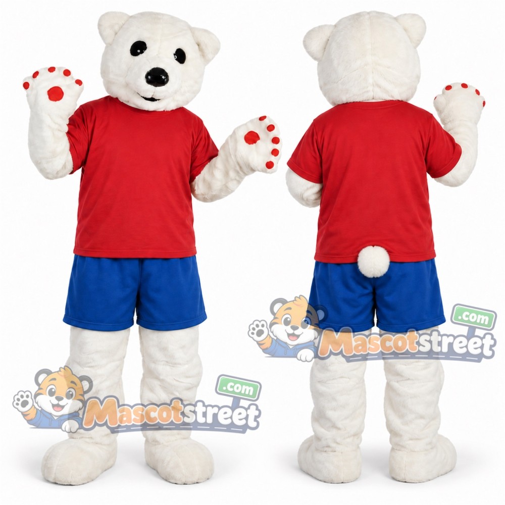 White Polar Bear Mascot Costume with Red Shirt and Blue Shorts White Polar Bear Mascot Costume with Red Shirt and Blue Shorts