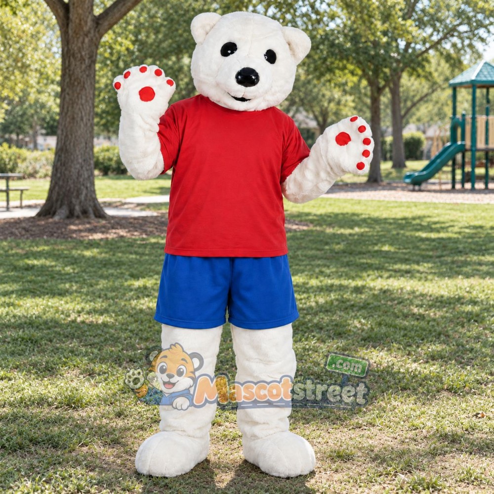 White Polar Bear Mascot Costume with Red Shirt and Blue Shorts White Polar Bear Mascot Costume with Red Shirt and Blue Shorts