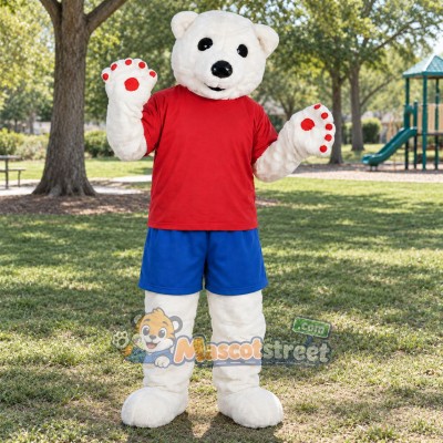 White Polar Bear Mascot Costume with Red Shirt and Blue Shorts White Polar Bear Mascot Costume with Red Shirt and Blue Shorts