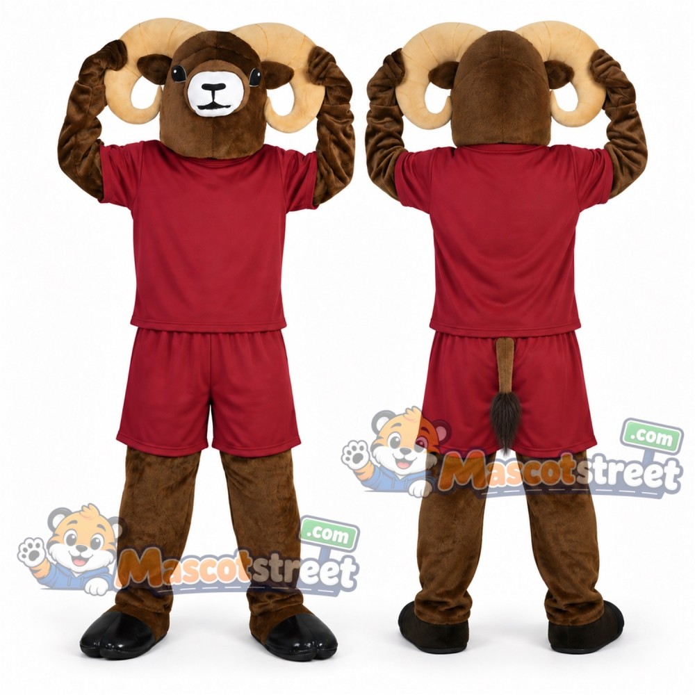 Brown Ram Mascot Costume with Burgundy Shirt and Shorts