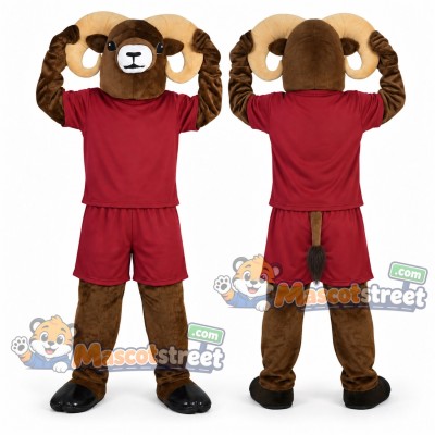 Brown Ram Mascot Costume with Burgundy Shirt and Shorts