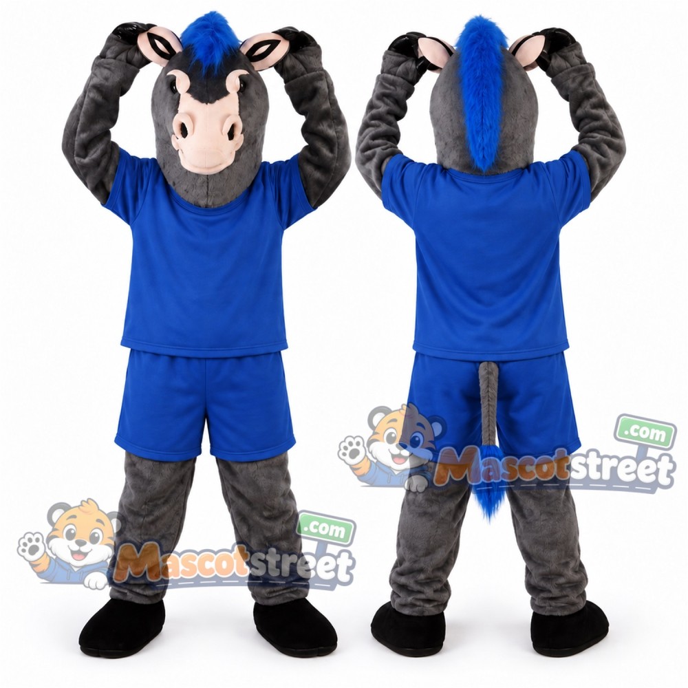 Gray Donkey Mascot Costume with Blue Shirt and Shorts Gray Donkey Mascot Costume with Blue Shirt and Shorts
