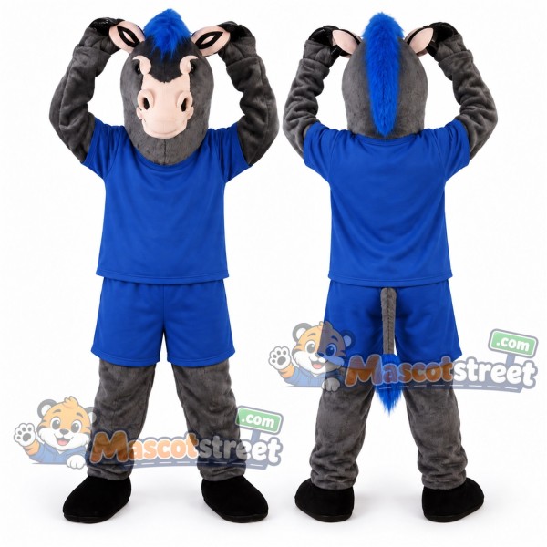 Gray Donkey Mascot Costume with Blue Shirt and Shorts