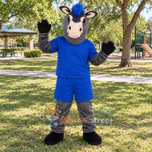 Gray Donkey Mascot Costume with Blue Shirt and Shorts
