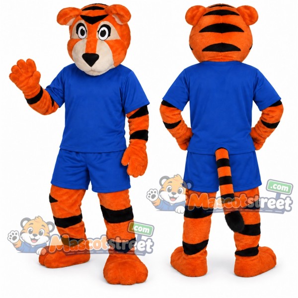 Orange Tiger Mascot Costume with Blue Shirt and Shorts