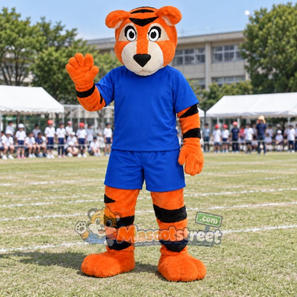 Orange Tiger Mascot Costume with Blue Shirt and Shorts