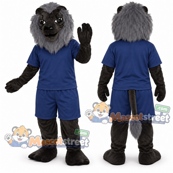 Gray Lion Mascot Costume with Navy Shirt and Shorts