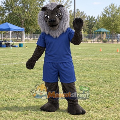 Gray Lion Mascot Costume with Navy Shirt and Shorts Gray Lion Mascot Costume with Navy Shirt and Shorts