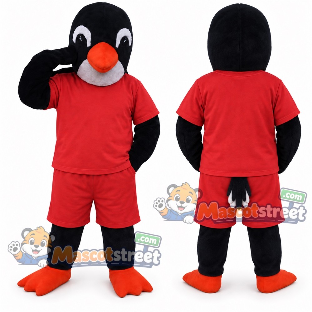 Black and White Penguin Mascot Costume with Red Shirt and Shorts Black and White Penguin Mascot Costume with Red Shirt and Shorts