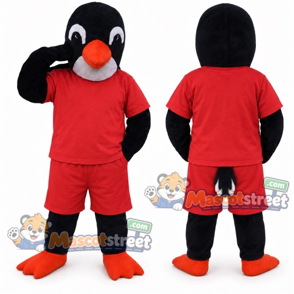 Black and White Penguin Mascot Costume with Red Shirt and Shorts