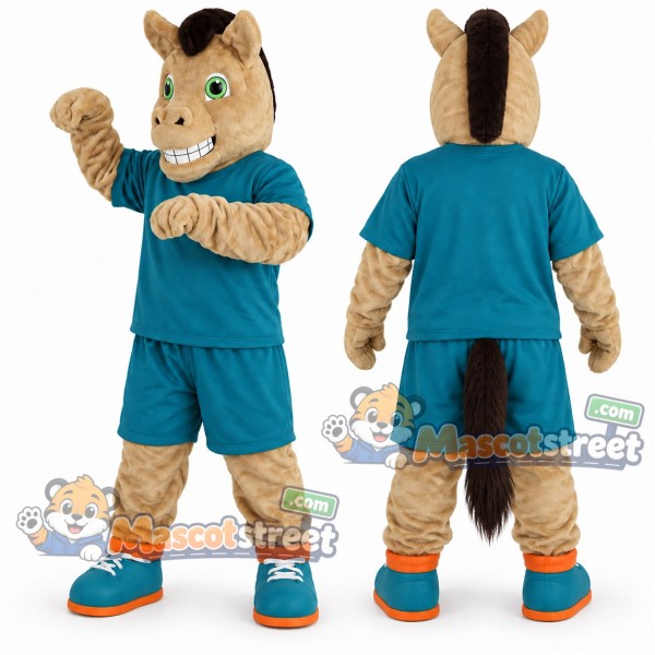 Tan Horse Mascot Costume with Teal Shirt and Shorts