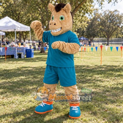 Tan Horse Mascot Costume with Teal Shirt and Shorts
